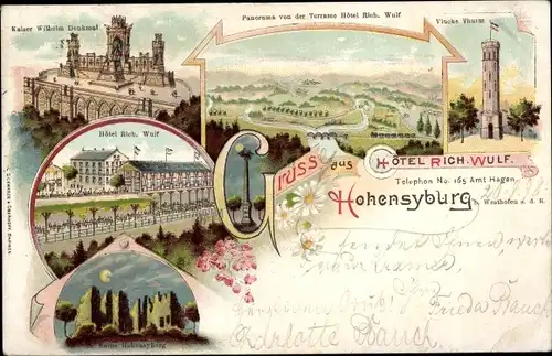 Litho Syburg Dortmund Nordrhein Westfalen, Hohensyburg, Kaiser Wilhelm Denkmal, Hotel Rich. Wulf
