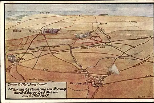 Künstler Ak Erstürmung Fresnoy 1917, 5. Bayer. Infanterie Div., 7. Bayer. Inf. Regt. Prinz Leopold