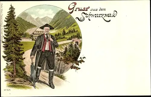 Litho Schwarzwald, Mann in Schwarzwälder Tracht, Pfeife