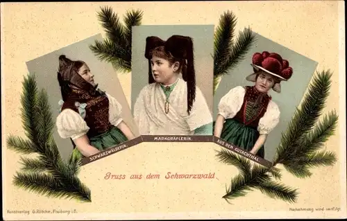Ak Schwarzwald, Volkstrachten, Schwarzwälderin, Markgräflerin, Gutachtal