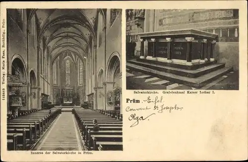 Ak Prüm in der Eifel, Inneres der Salvatorkirche, Grabdenkmal Kaiser Lothar I.