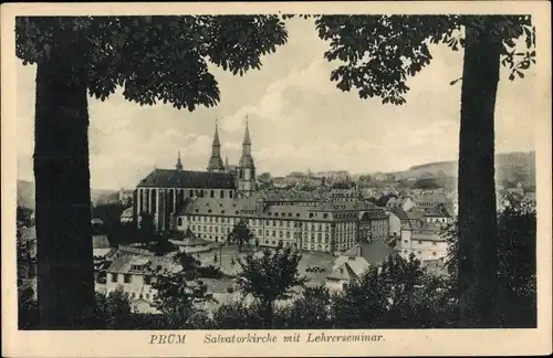 Ak Prüm in der Eifel, Salvatorkirche mit Lehrerseminar, Platz