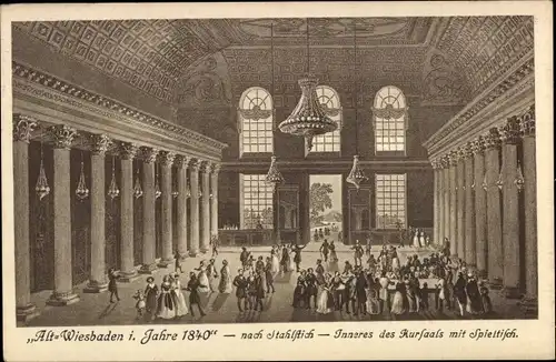 Ak Wiesbaden in Hessen, Alt Wiesbaden 1840, Inneres des Kursaals mit Spieltisch, nach Stahlstich