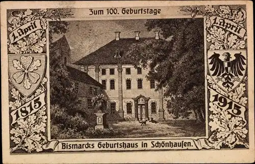 Wappen Ak Schönhausen Elbe Sachsen Anhalt, Geburtshaus Bismarcks, Anlässlich d. 100 Geburtstages