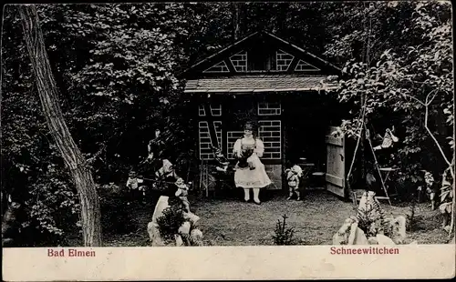 Ak Bad Elmen Salzelmen Schönebeck an der Elbe, Schneewittchen, Märchenhaus im Wald, Puppen