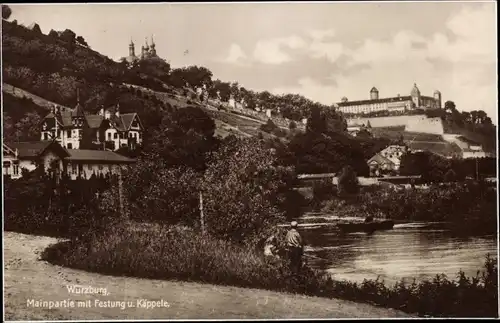 Ak Würzburg am Main Unterfranken, Mainpartie mit Festung und Käppele