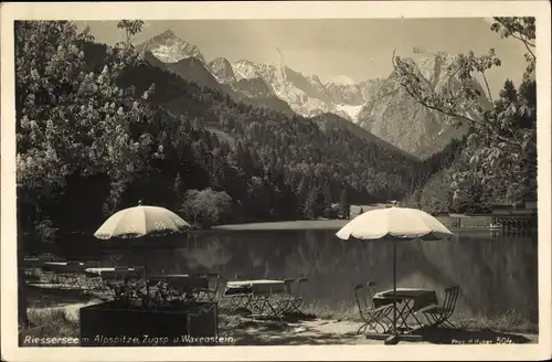 Ak Garmisch Partenkirchen in Oberbayern, Rießersee, Rieser See, Blick auf Alpspitze, Zugspitze