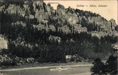 Ak Rathen an der Elbe Sächsische Schweiz, Panorama, Basteibrücke, Schiff