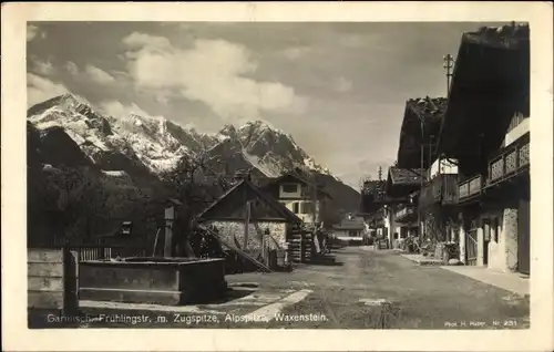 Ak Garmisch Partenkirchen in Oberbayern, Frühlingstraße mit Zugspitze, Alpspitze, Waxenstein