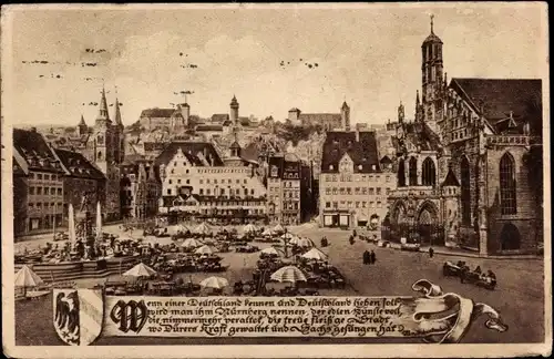 Ak Nürnberg in Mittelfranken, Hauptmarkt mit Burgpanorama, Wappen, Gedicht, Marktszene