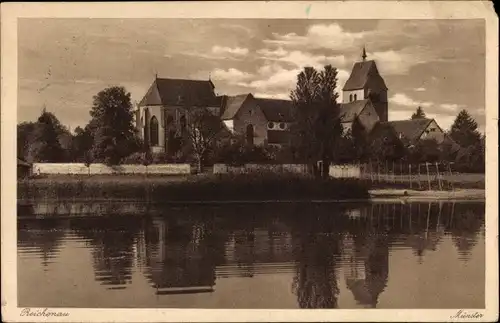 Ak Insel Reichenau am Bodensee, Blick auf Münster über den See