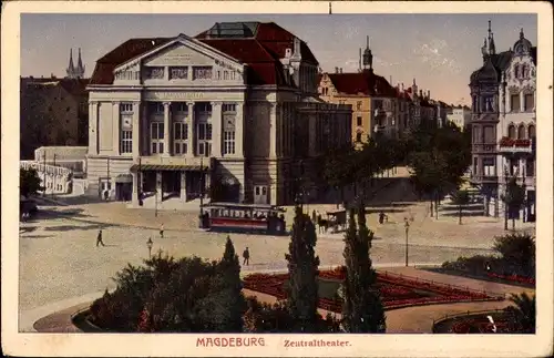 Ak Magdeburg an der Elbe, Zentraltheater, Straßenbahn