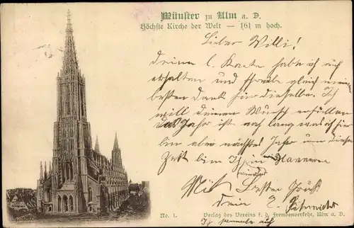 Ak Ulm an der Donau, Münster, Größte Kirche der Welt, 161 m hoch
