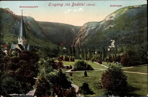 Ak Thale im Harz, Eingang ins Bodetal, Hexentanzplatz, Roßtrappe, Kirche