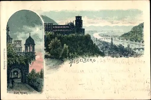 Litho Heidelberg am Neckar, Zum Altan, Durchgang, Turm, Blick auf den Ort