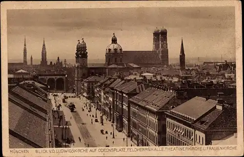Ak München, Blick v.d. Ludwigskirche a. Odeonsplatz, Feldherrnhalle, Theatinerkirche, Frauenkirche