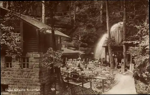 Ak Rathen an der Elbe Sächsische Schweiz, Amselfall, Wassermühle, Biergarten