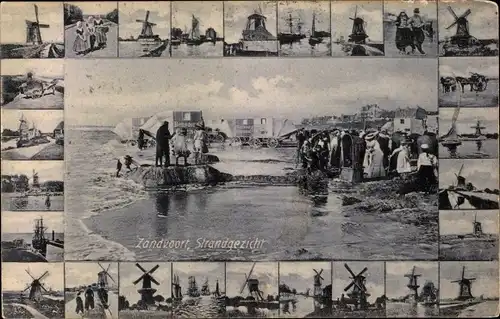 Ak Zandvoort Nordholland Niederlande, Windmühlen, Strandpartie