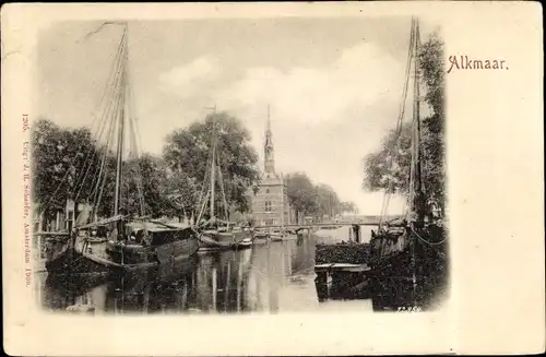 Ak Alkmaar Nordholland Niederlande, Teilansicht, Boote, Brücke