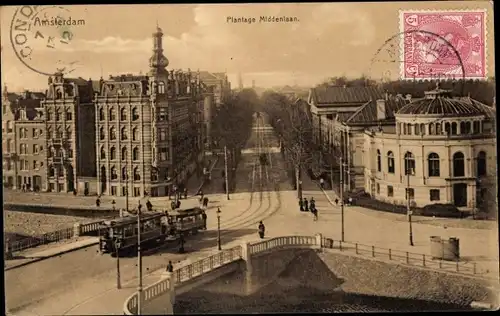 Ak Amsterdam Nordholland Niederlande, Plantage Middenlaan, Brücke, Straßenbahn