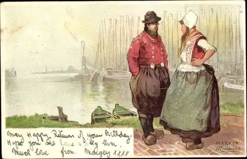 Künstler Litho Cassiers, H., Marken Nordholland, Mann u. Frau in Tracht, Hafen