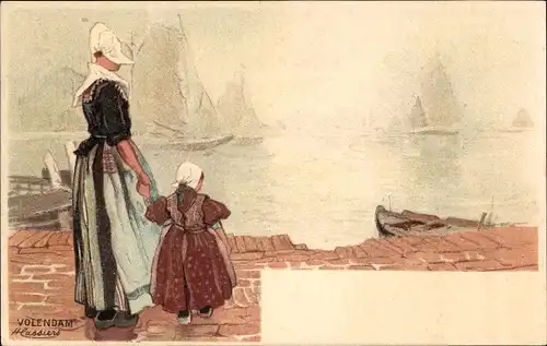 Künstler Litho Cassiers, H., Volendam Nordholland Niederlande, Hafen, Frau und Kind in Tracht