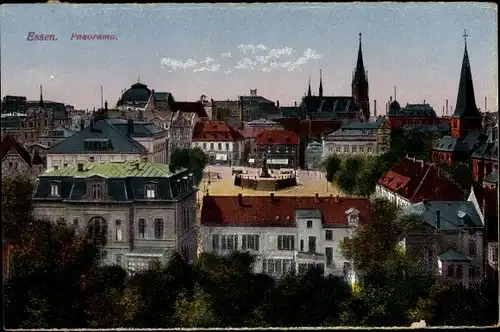 Ak Essen im Ruhrgebiet, Panorama, Denkmal, Kirchturm