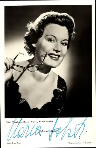 Ak Schauspielerin Maria Holst, Portrait mit Brille, Autogramm