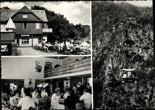 Ak Thale im Harz, Berghotel Roßtrappe, Innenansichten, Roßtrappfelsen mit Personenschwebebahn