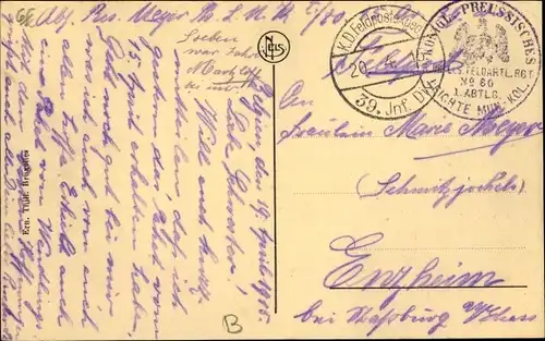 Ak Stempel Deutsche Feldpost 1. WK, 39. Inf. Div., Kgl. Preuß. Oberels. Feldart. Rgt. 80, 1. Abtlg.
