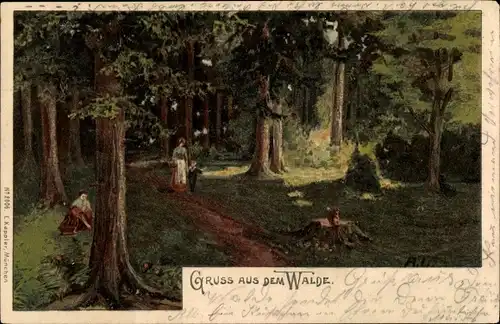 Künstler Litho Gruß aus dem Walde, Waldlandschaft, Eichhärnchen, Muter mit Kind