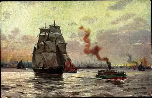 Künstler Ak Segelschiff und Dampfboot in der Nähe des Hafens