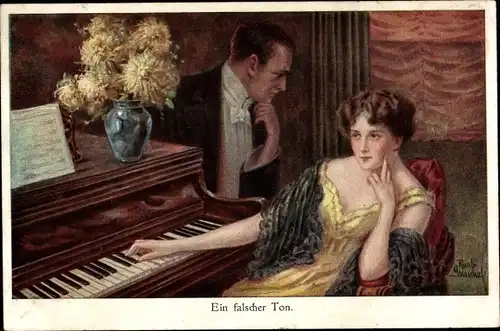 Künstler Ak Gnischaf, Ruab, Ein falscher Ton, Frau sitzt am Klavier, Liebespaar