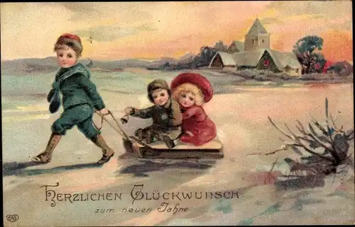 Ak Glückwunsch Neujahr, Winterlandschaft, Kinder mit Schlitten