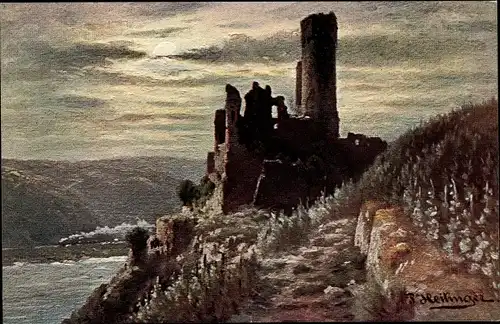 Künstler Ak Heilinger, Landschaft mit Burgruine am Rhein