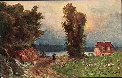 Künstler Ak Bayerlein, F., Mondaufgang, Landschaft