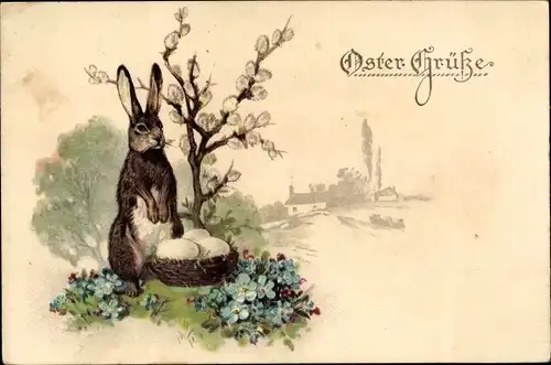 Ak Glückwunsch Ostern, Osterhase mit Eiern