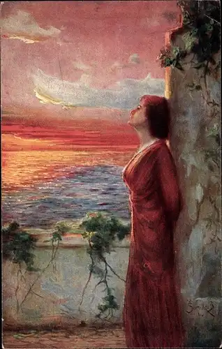 Künstler Ak Semilk Klimes, Verlassen, Frau in rotem Kleid