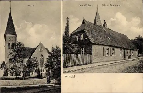 Ak Wriedel in der Lüneburger Heide, Kirche, Geschäftshaus