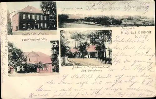 Ak Hanstedt in der Nordheide, Gasthof Meyer, Gastwirtschaft Wille, Bäckerei Aug. Bockelmann