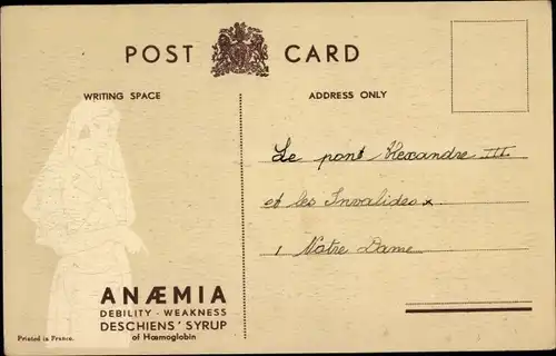 Ak Paris VII, Alexander III Bridge and Invalides Parade, Reklame, Deschiens' Syrup