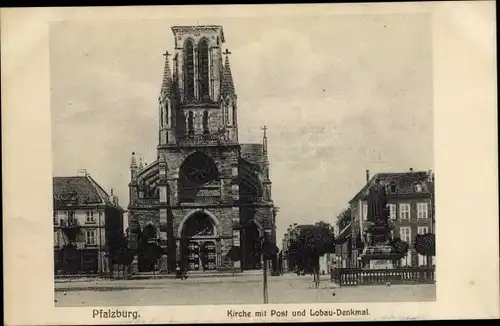 Ak Phalsbourg Pfalzburg Lothringen Moselle, Kirche mit Post und Lobau-Denkmal
