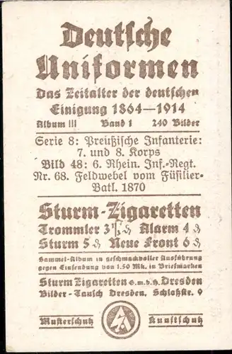 Sammelbild Deutsche Uniformen 1864-1914 Nr. 48 6. Rhein. Inf. Regt. 68 Feldwebel Füsl. Batl. 1870