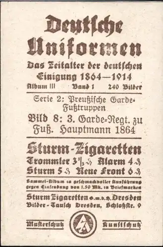 Sammelbild Deutsche Uniformen 1864-1914 Nr. 8 3. Garde Regt. zu Fuß, Hauptmann 1864