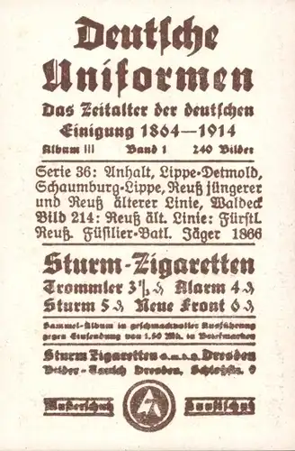 Sammelbild Deutsche Uniformen 1864-1914 Serie 36 Nr. 214 Fürstl.-Reuß ä.L. Füsilier-Batl. Jäger 1866