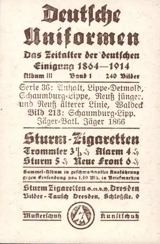 Sammelbild Deutsche Uniformen 1864-1914 Serie 36 Nr. 213 Schaumburg-Lippe Jäger-Batl. Jäger 1866