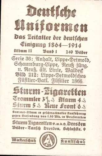 Sammelbild Deutsche Uniformen 1864-1914 Serie 36 Nr. 212 Lippe-Detmold Füsilier-Batl., Füsilier 1866