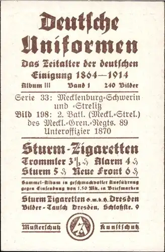 Sammelbild Deutsche Uniformen 1864-1914 Serie 33 Nr. 198, 2. Batl. Meckl.-Gren. Regt. 89, Unt.Off.