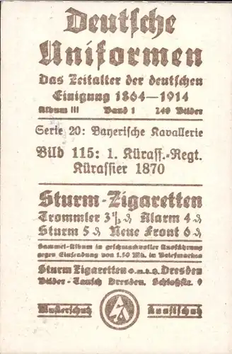 Sammelbild Deutsche Uniformen 1864-1914 Serie 20 Nr. 115 Bayr. Kavallerie 1. Kürass.Regt., Kürassier