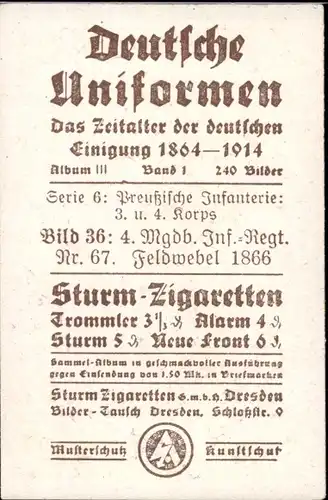 Sammelbild Deutsche Uniformen 1864-1914 Preuß. Infanterie Nr. 36, 4. Mgdb. Inf. Regt. 67, Feldwebel